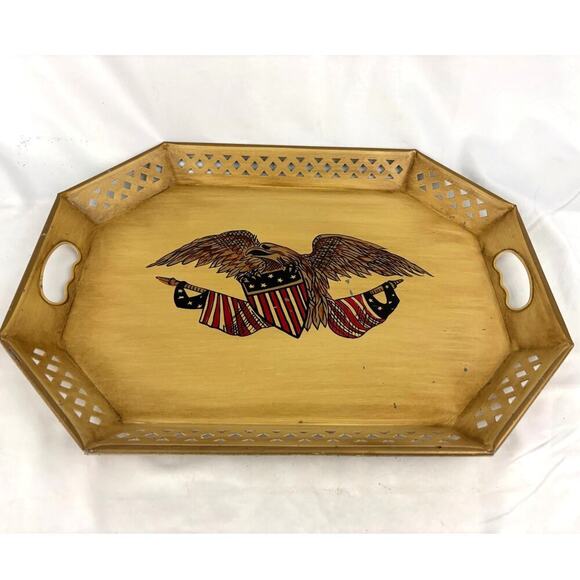 Vintage Patriotic Tray with Handles American Flag Eagle Metal Serving Decor Tray - Picture 6 of 8